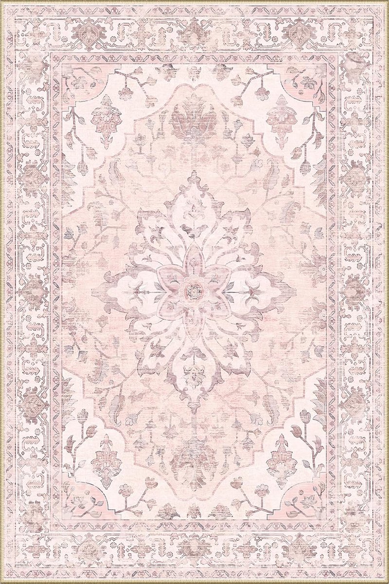 SnelShoppen - Vloerkleed Vintage Roze 90 x 150 cm - Laagpolig, Machinewasbaar, Polyester voor Woonkamer, Slaapkamer, Thuiskantoor - Diverse Kleuren Be