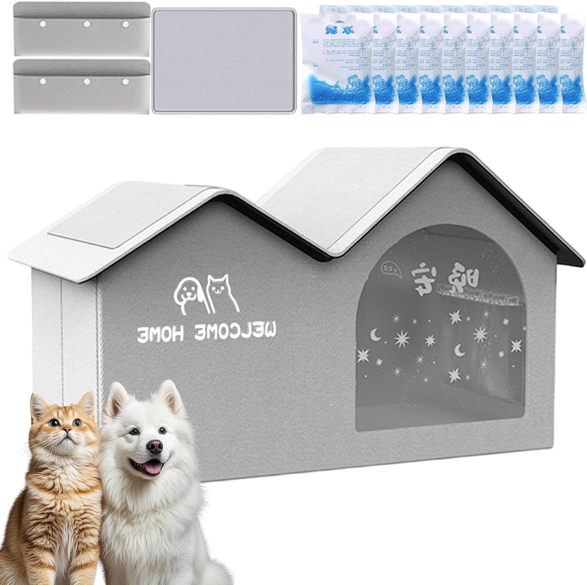 Huisdier Koelhuis - Kattenhuis Buiten - Zomerse Koelte - Inclusief 10 koelelementen - 57x28x37 cm - Grijs