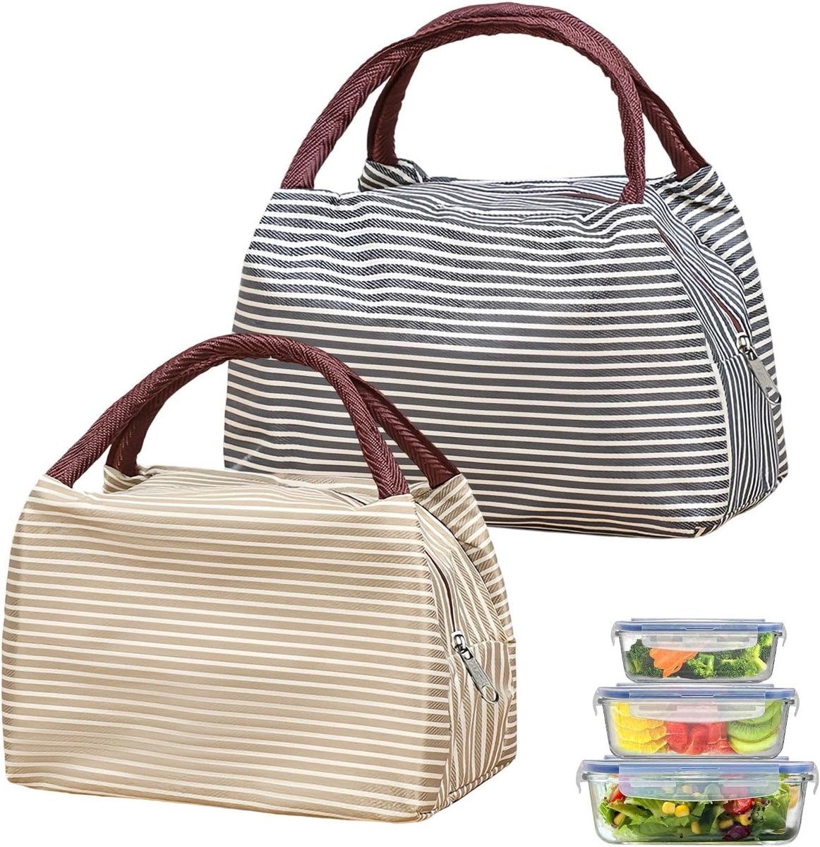 SnelShoppen - 2 Stuks Thermotas Klein - Zwart en Kaki Draagbare Geïsoleerde Lunchtas - Opvouwbare Koeltas voor School, Kantoor, Picknick en Reizen - 2