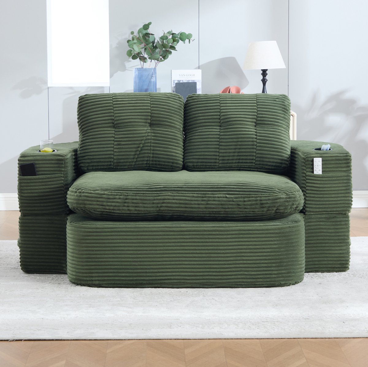 HAUSS SPOLE Slaapbank - 2-in-1 Relaxstoel - Omvormbaar Met Ligfunctie, Bekerhouders En Zijvakken - Voor Woonkamer - Corduroy Smaragdgroen
