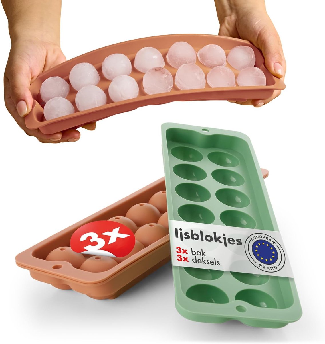 SnelShoppen - Set van 3 IJsblokjesbakjes met Siliconen Deksel - BPA-vrij - Balvorm - 14 IJsblokjes - Olijfgroen & Rood - Ideaal voor Feesten, Barbecue