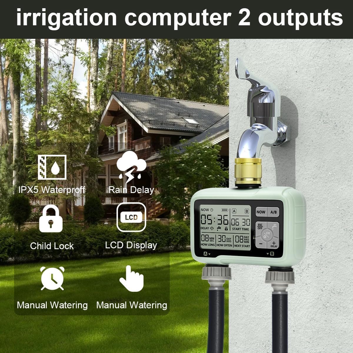 SnelShoppen - Irrigatiecomputer met 2 Uitgangen, Digitale Tuinwatertimer met Messing Inlaat en Regenvertraging voor Handmatige en Automatische Irrigat