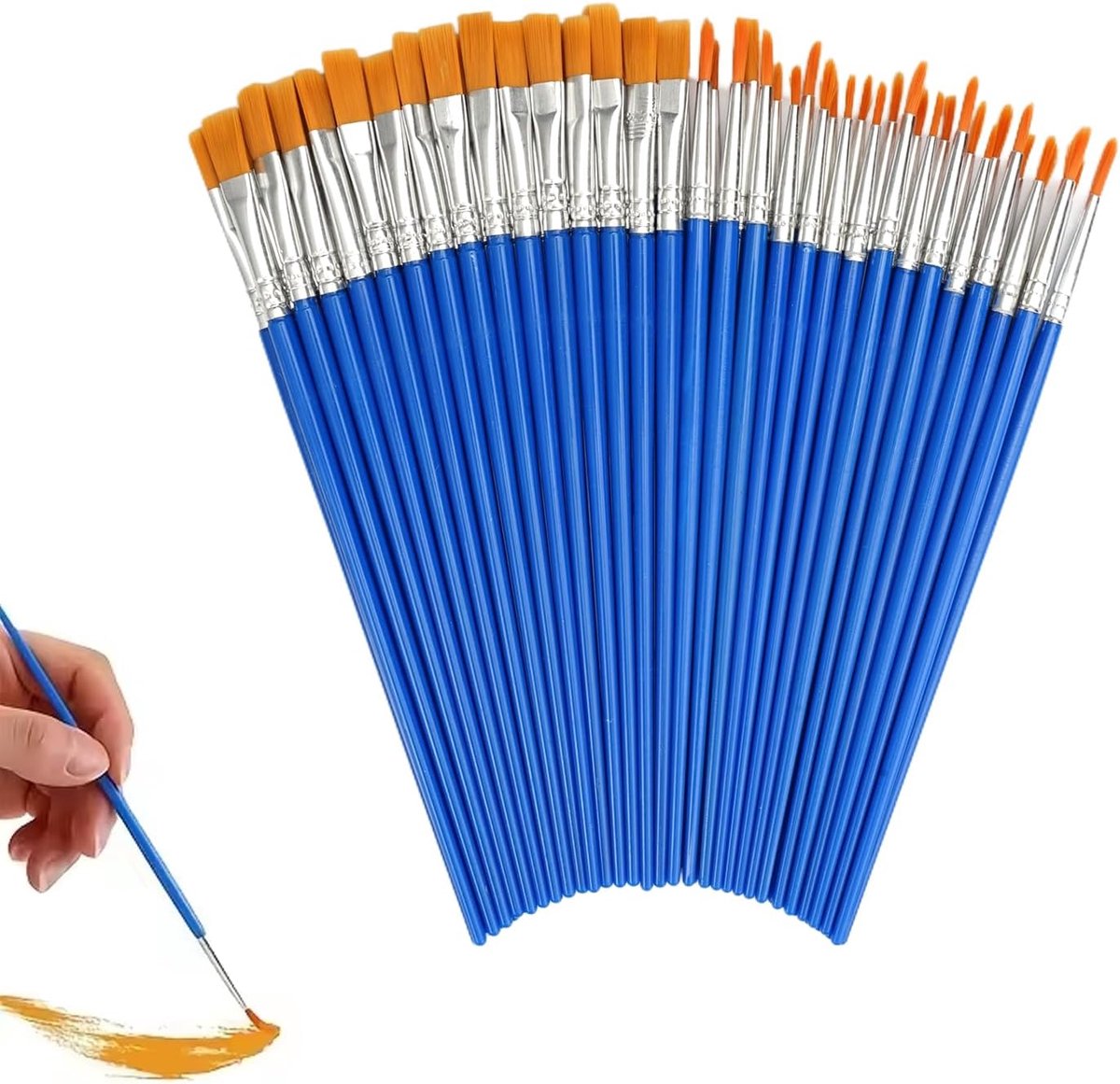SnelShoppen - 60-delige Set Nylon Verfkwasten Rond en Plat - Blauwe Kwasten voor Beginners en Schilderliefhebbers - Geschikt voor Scholen, Workshops,