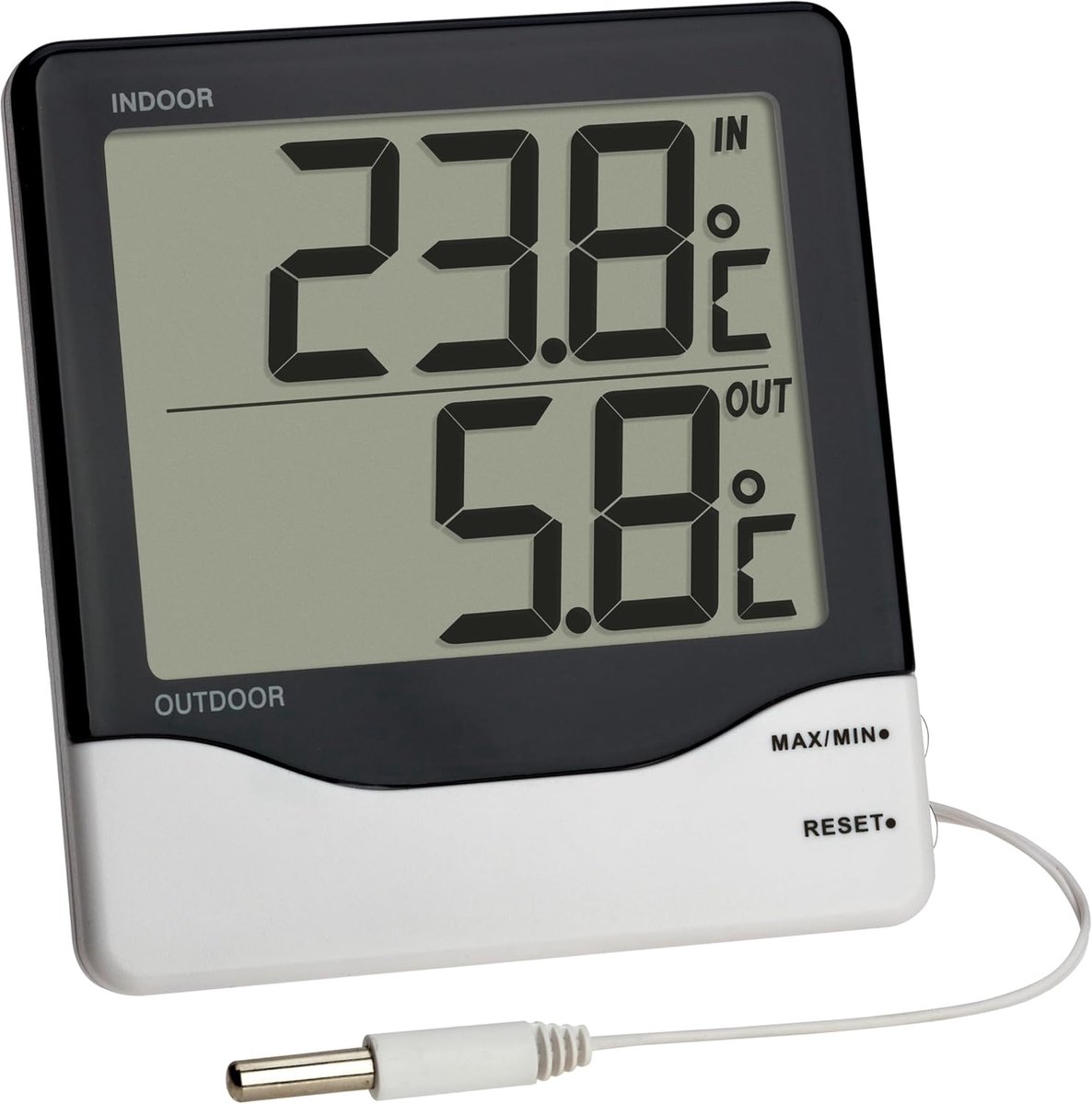 SnelShoppen - Digitale Thermometer Binnen en Buiten - Groot Display - Maximaal en Minimale Waarden - Bedrade Buiten Sensor - Zwart - 102x21x110 mm