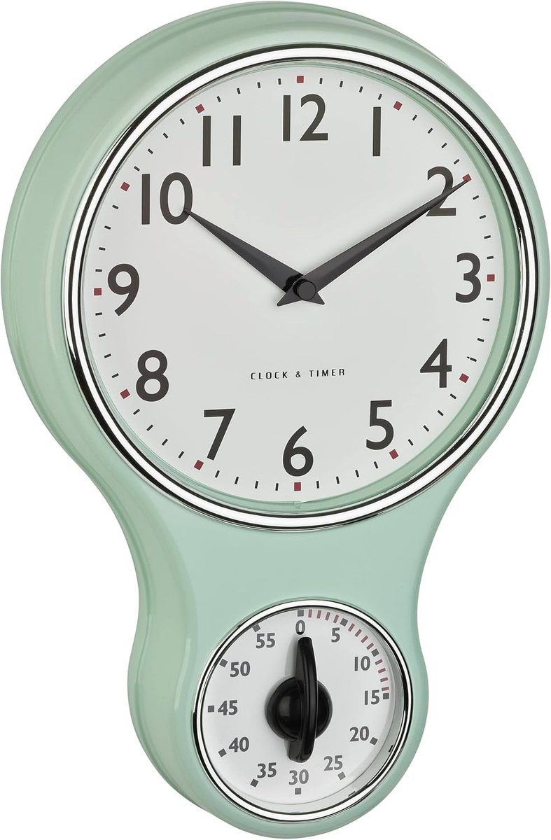 SnelShoppen - Retro Wandklok Analoog met Timer, 60 Min, Keuken Klok, Quartz Beweging, Glas Deksel, Vintage Ontwerp, Mint Groen
