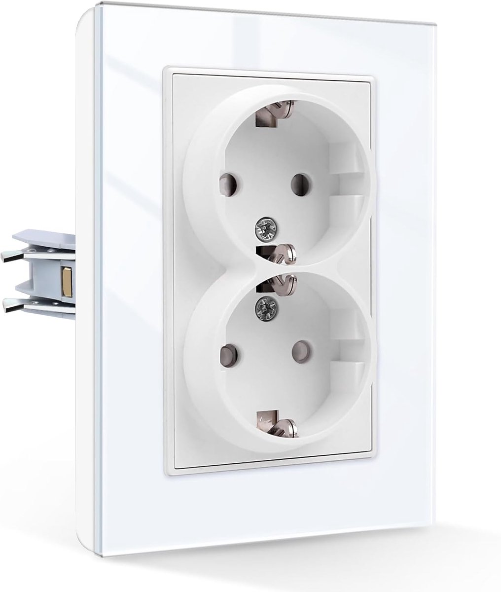 SnelShoppen - Glas Dubbele Wandcontactdoos - Kindveilige Flush-Mounted Stopcontact met Stekkerbevestiging - Wit - Geschikt voor Huishoudelijke Apparat