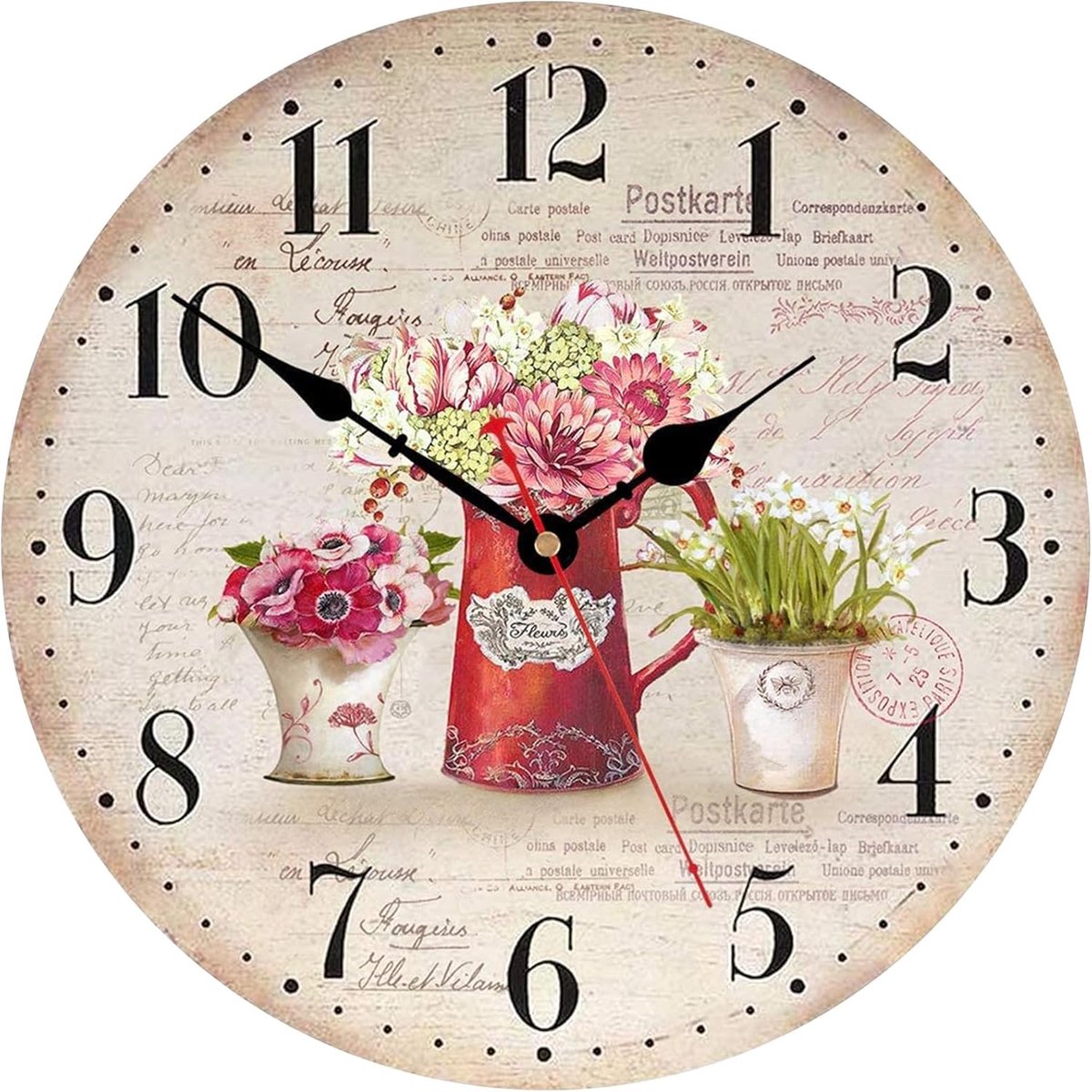 SnelShoppen - Vintage Bloemen Wandklok 30cm, Shabby Chic Stijl Geluidloze Houten Klok voor Woonkamer, Slaapkamer, Keuken en Kantoor