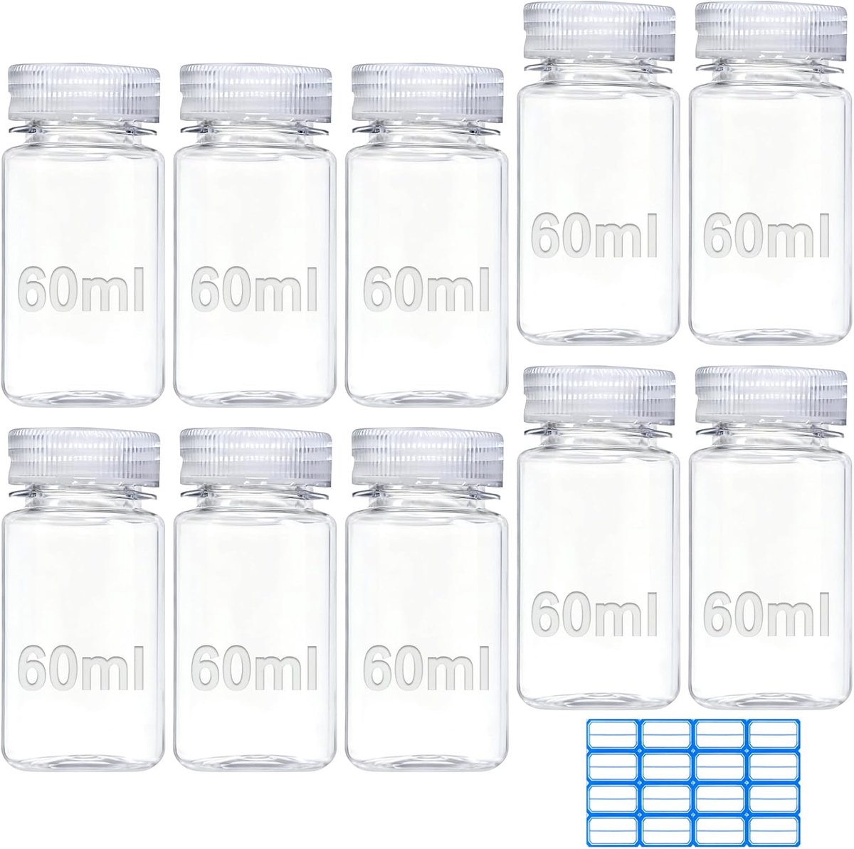 SnelShoppen - 10 Stuks 60ml Brede Laboratorium Reagent Vials - Laboratorium Grade Chemische Containers - Sealed Leak Proof Transparante Pillenflessen
