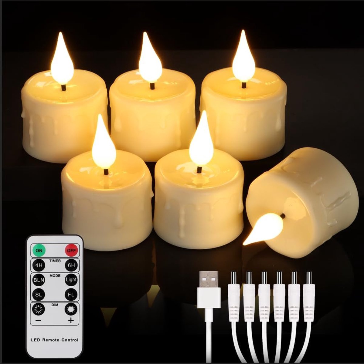 Thijox - Oplaadbare LED-theelichtjes met Afstandsbediening, Timer, Dimbare Warm Witte Kaarsen, Set van 6 Stuks voor Halloween en Kerstmis Woondecorati