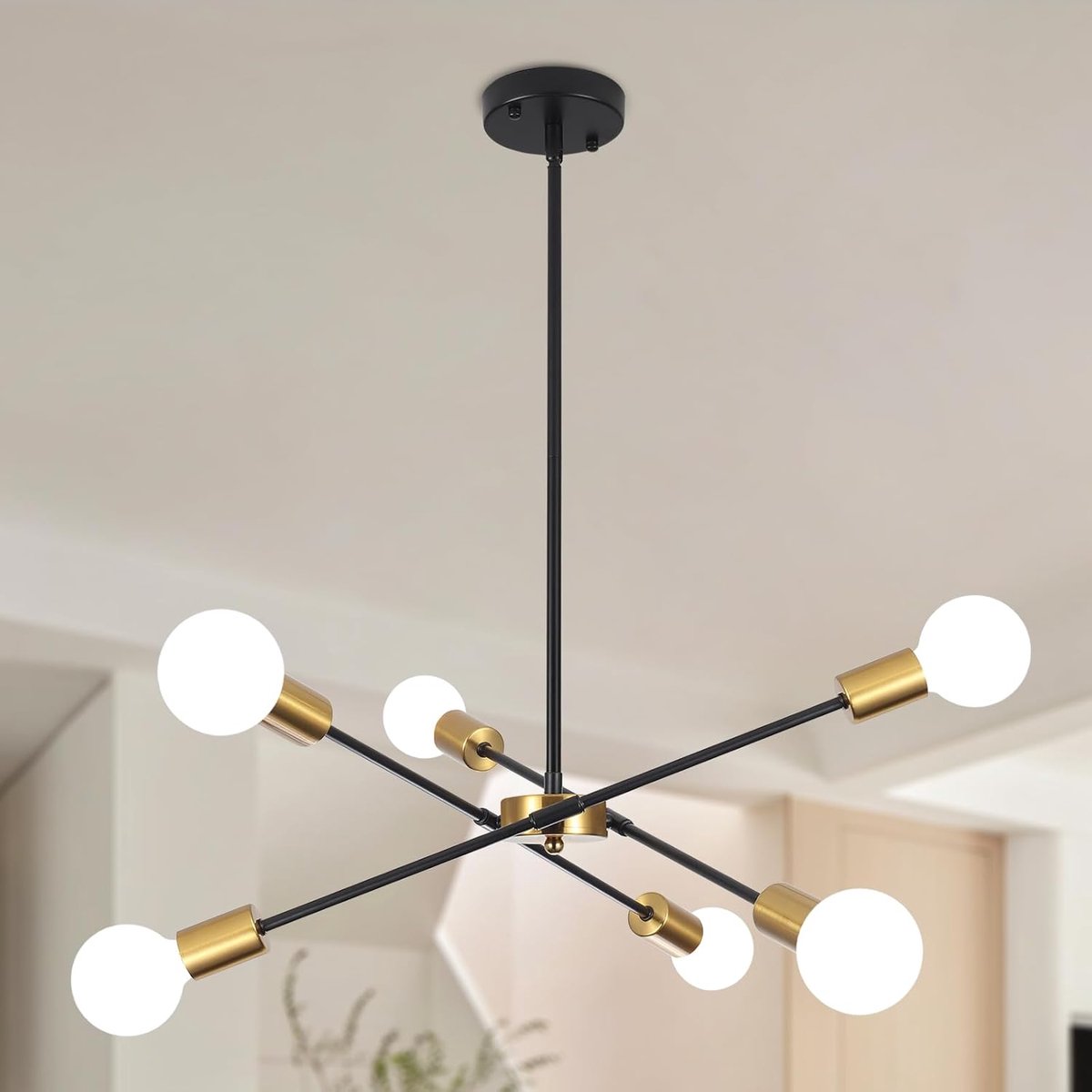 SnelShoppen - Industriële hanglamp met 6 lichtpunten, gouden kroonluchter E27, moderne en middeleeuwse stijl, verstelbare arm, voor woonkamer, keuken,