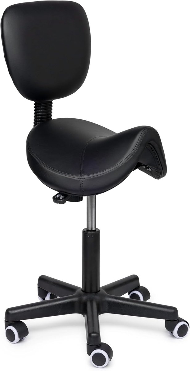 SnelShoppen - Premium Zadelkruk met Rugleuning - Ergonomische Kapperskruk Zwart - Hoogte Verstelbaar 40-57cm - Kunstlederen Zadelstoel - Comfortabele