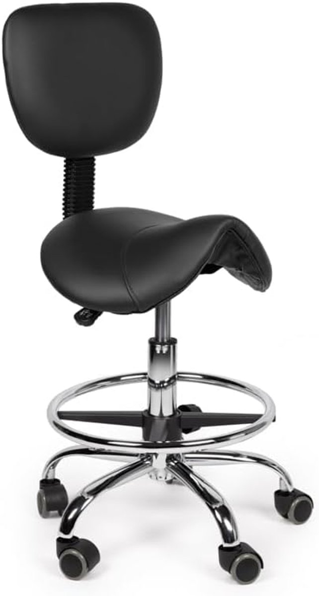 SnelShoppen - Ergonomische Zadelkruk met Rugleuning Zwart - Op Wielen - Verstelbare Zithoogte 40-57cm - Kunstleer Zadelzitting - Comfortabel voor Thui