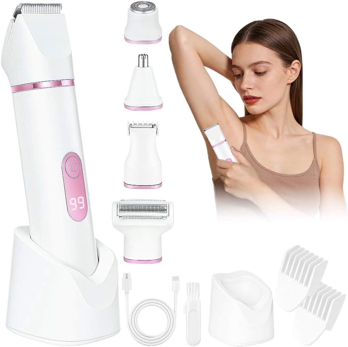 SnelShoppen - Vicloon Dames Scheerapparaat 5-in-1, IPX7 Waterdicht, LED-Display, USB-Oplaadstation, Elektrisch Scheermes voor Oksels, Benen, Gezicht,