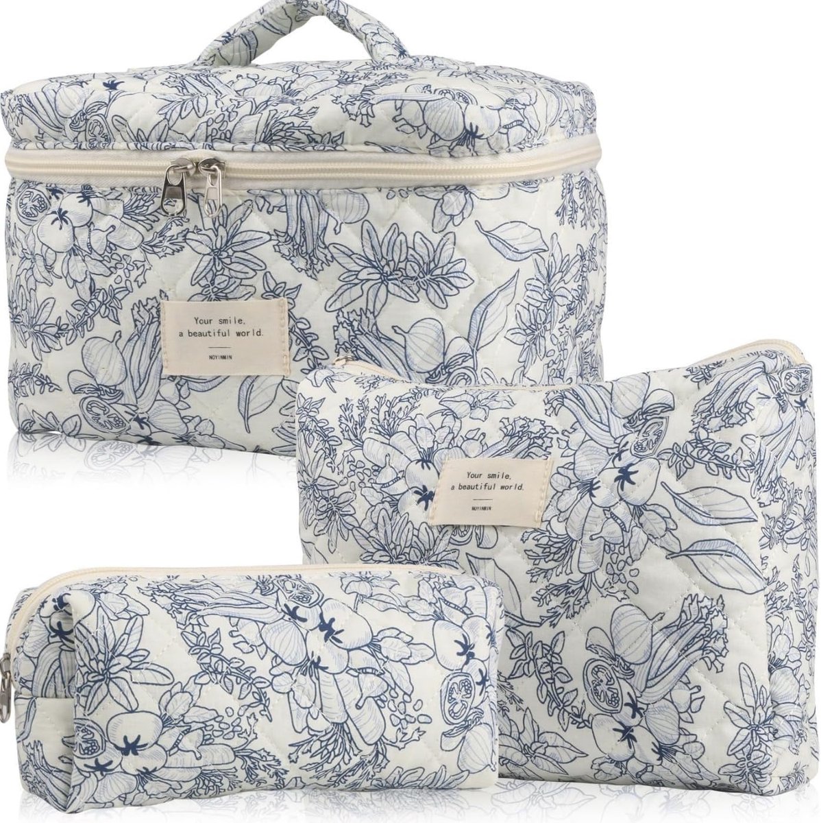 SnelShoppen - 3-delige Vrouwen Cosmetica Tas Set - Toilettas met Bloemenpatroon - Draagbare Make-up Tas voor Vrouwen - Hoogwaardige Katoen - Perfect v
