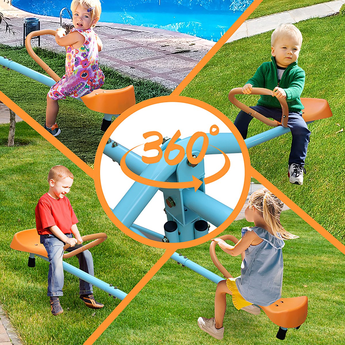 Balansspeelgoed Wipwap – 182,88 Cm – Vierpersoons Ontwerp – IJzer En Kunststof – Blauw En Oranje – Voor Tuin School En Buiten
