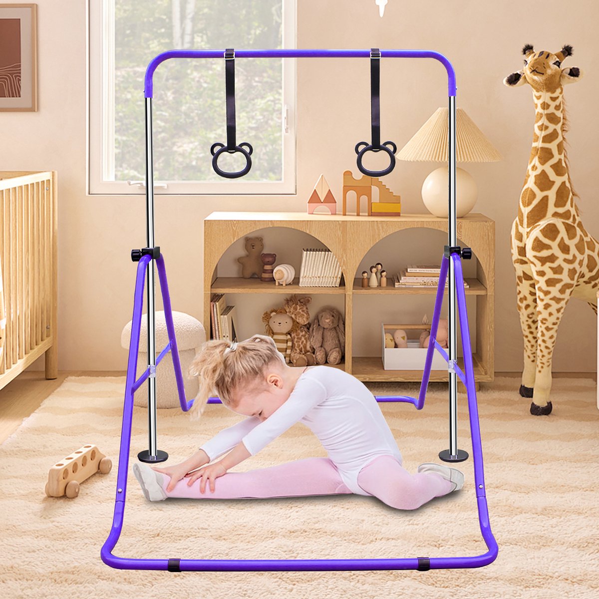 Optrekstang Verstelbaar Voor Kinderen – 88,9-129,54 cm – IJzer – Paars – Inklapbaar Voor Gymtraining Thuis en Buiten – Antislip