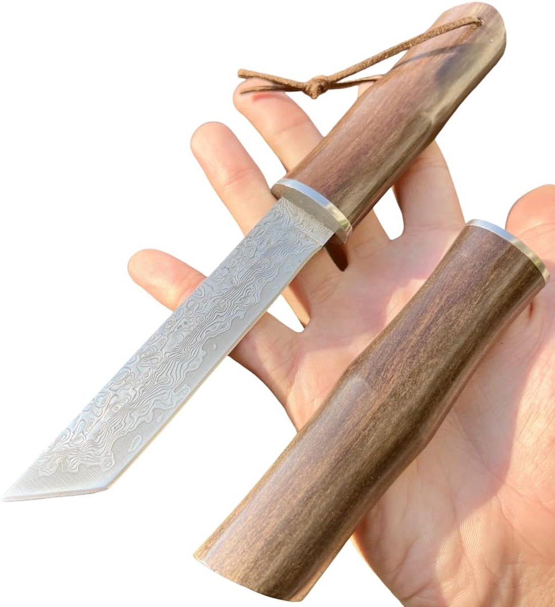 SnelShoppen - Damasco Knife Tanto Camping Mes - Vaste Lemmet van Damast Staal - Ergonomisch Houten Handvat - Perfect voor Buiten, Kamperen en Cadeaus