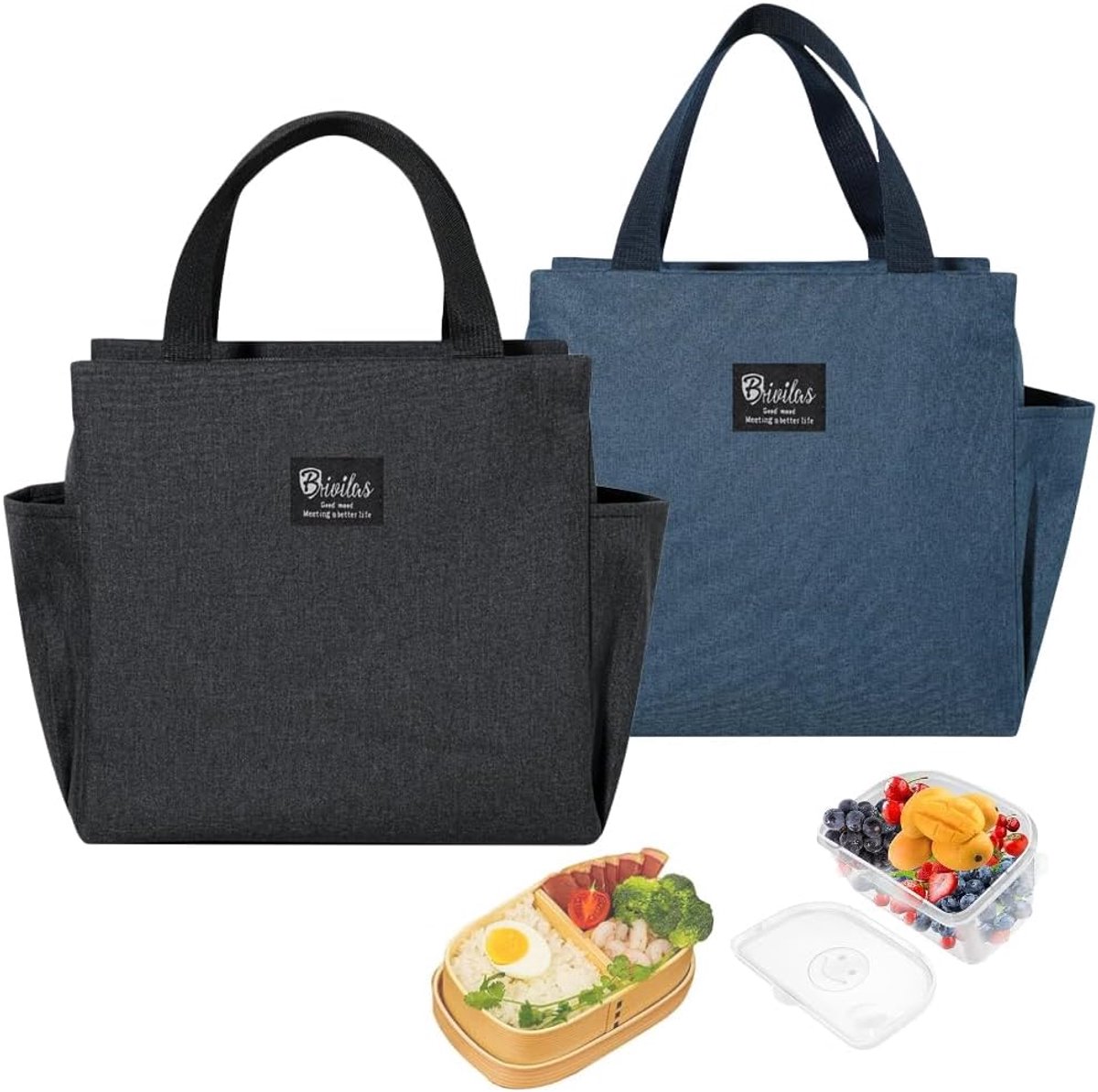 SnelShoppen - Lunch Bag 2 Pack - Geïsoleerde Cooler Bag - Zwart en Donkerblauw - Ideaal voor School, Picknick, Werk - Met Zijzakken - 25 x 14 x 25 cm