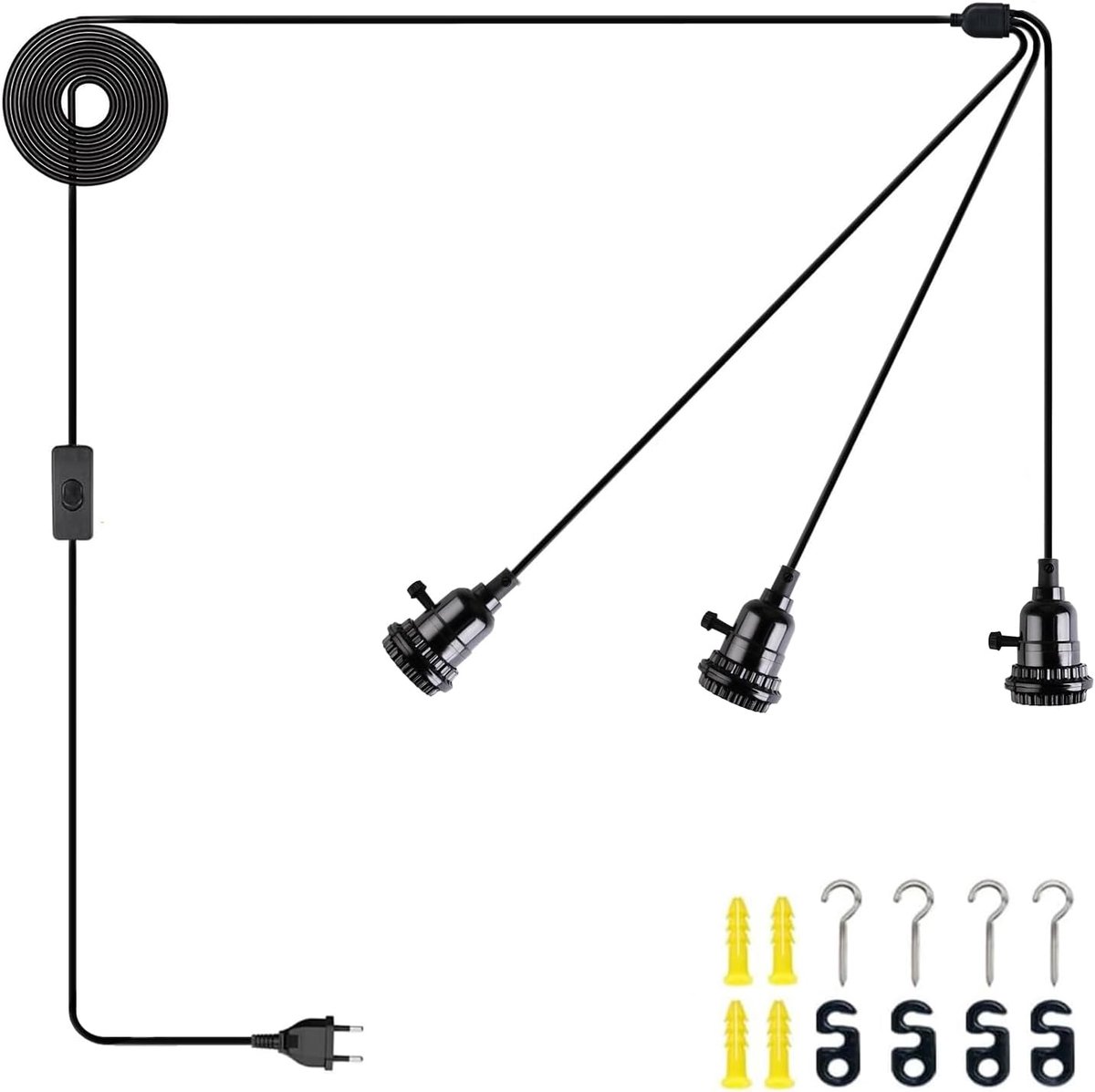 SnelShoppen - Hanglamp Set van 3 - Vintage E27 Fitting met Stekker en Schakelaar - 6,3 m Kabel - Zwart - Doe-Het-Zelf Lamp voor Eetkamer, Slaapkamer,