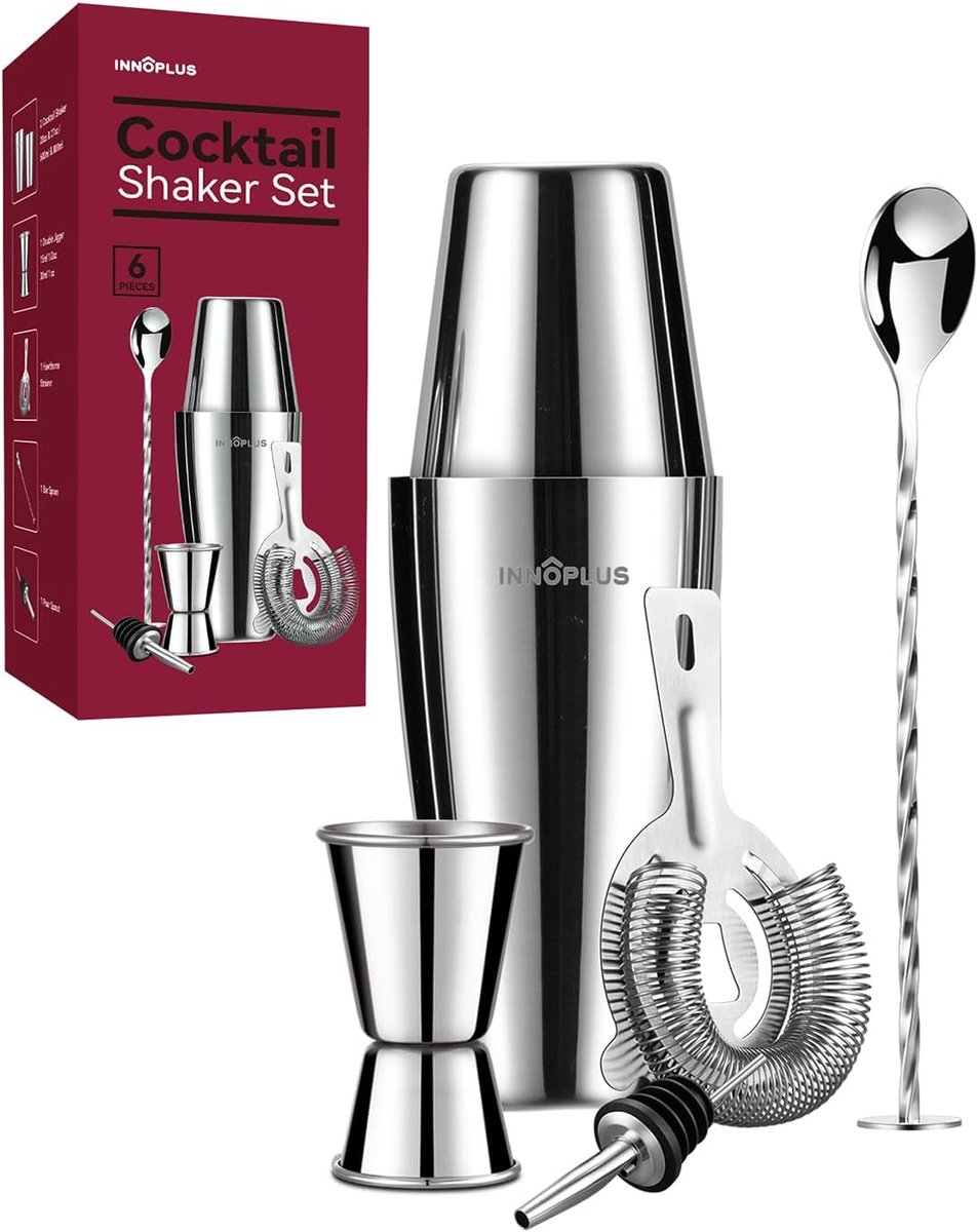 Cocktail Shaker Set - Drank Mixer - Cocktails Maken - Ergonomisch Ontwerp - 6 Delig - Zilverkleurig