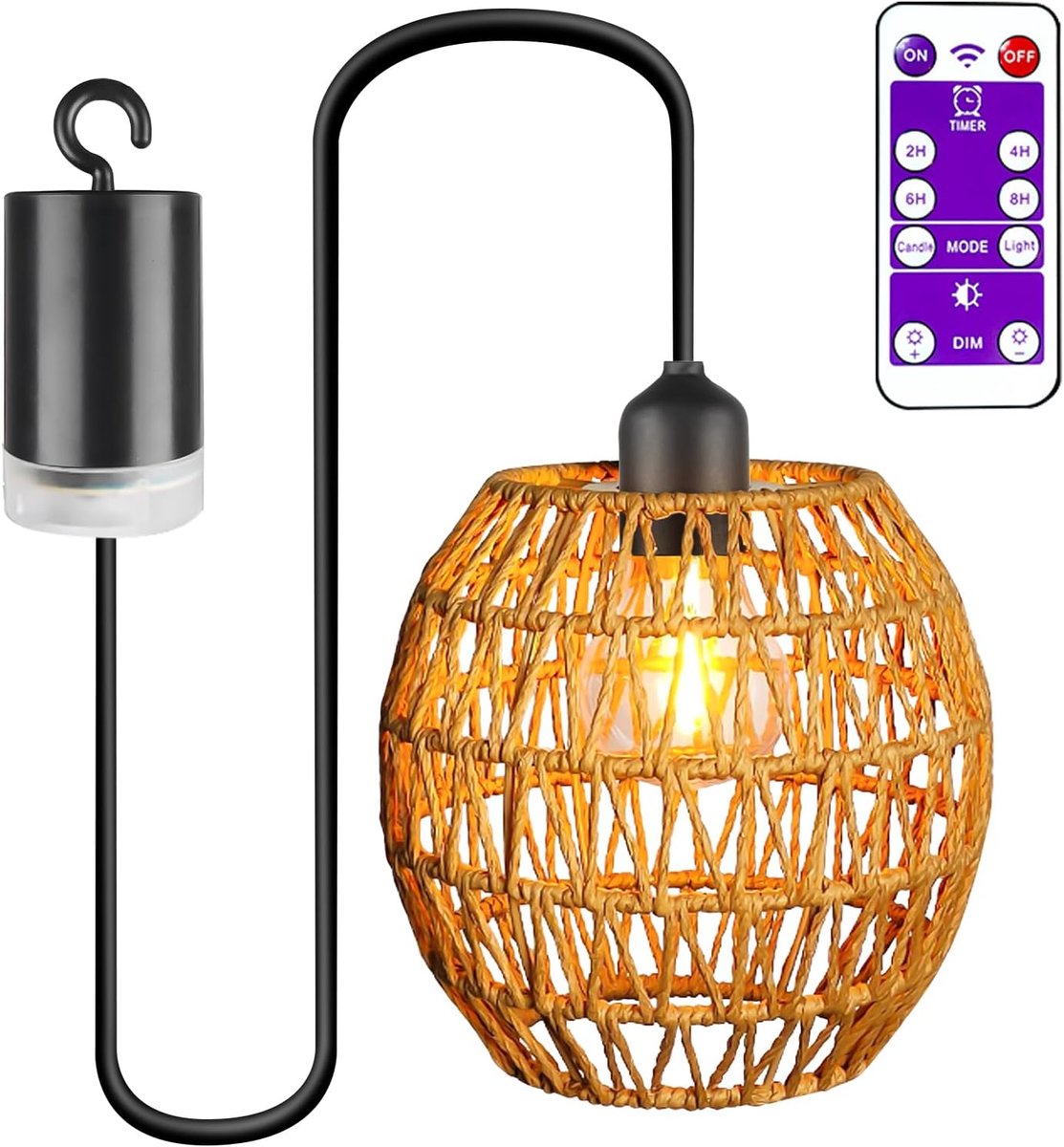SnelShoppen - Draadloze Rattan Hanglamp met Afstandsbediening en Timer, Vintage Pendellicht voor Balkon en Patio, Decoratieve Plafondlamp zonder Stopc