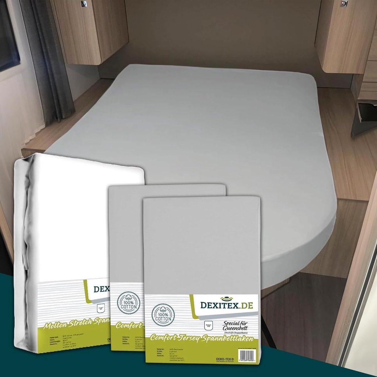 SnelShoppen - Caravanlakens Set van 3 voor Tweepersoonsbed (Queensize) - 1 Molton-laken, 2 Hoeslakens - Grijs - Hoogwaardig Katoen - Oeko-TEX - Multis