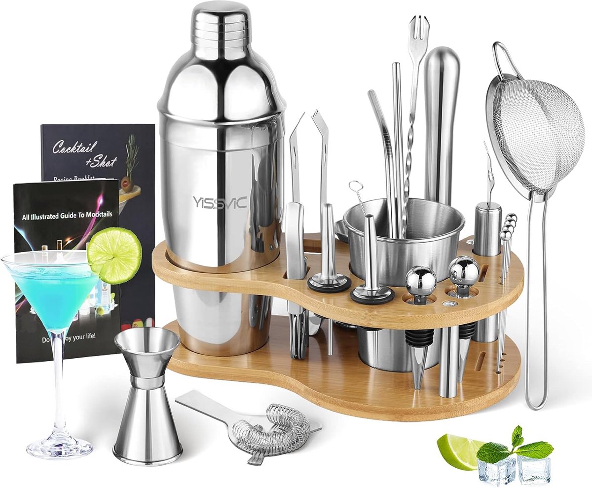 SnelShoppen - Cocktail Set 22 Delen - RVS Cocktailshaker 750ml met Houten Stand en Receptenboek - Perfect voor Feestjes, Thuisbar en BBQ