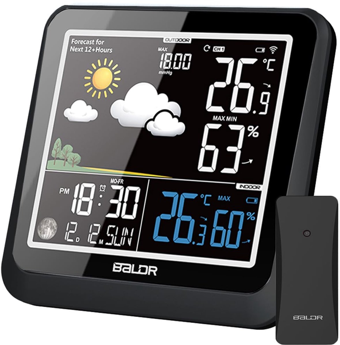 SnelShoppen - Draadloos Weerstation met Sensor, Digitale Thermometer, Hoge Definitie VA Scherm, Binnen & Buiten Temperatuur, Vochtigheid, Weersvoorspe