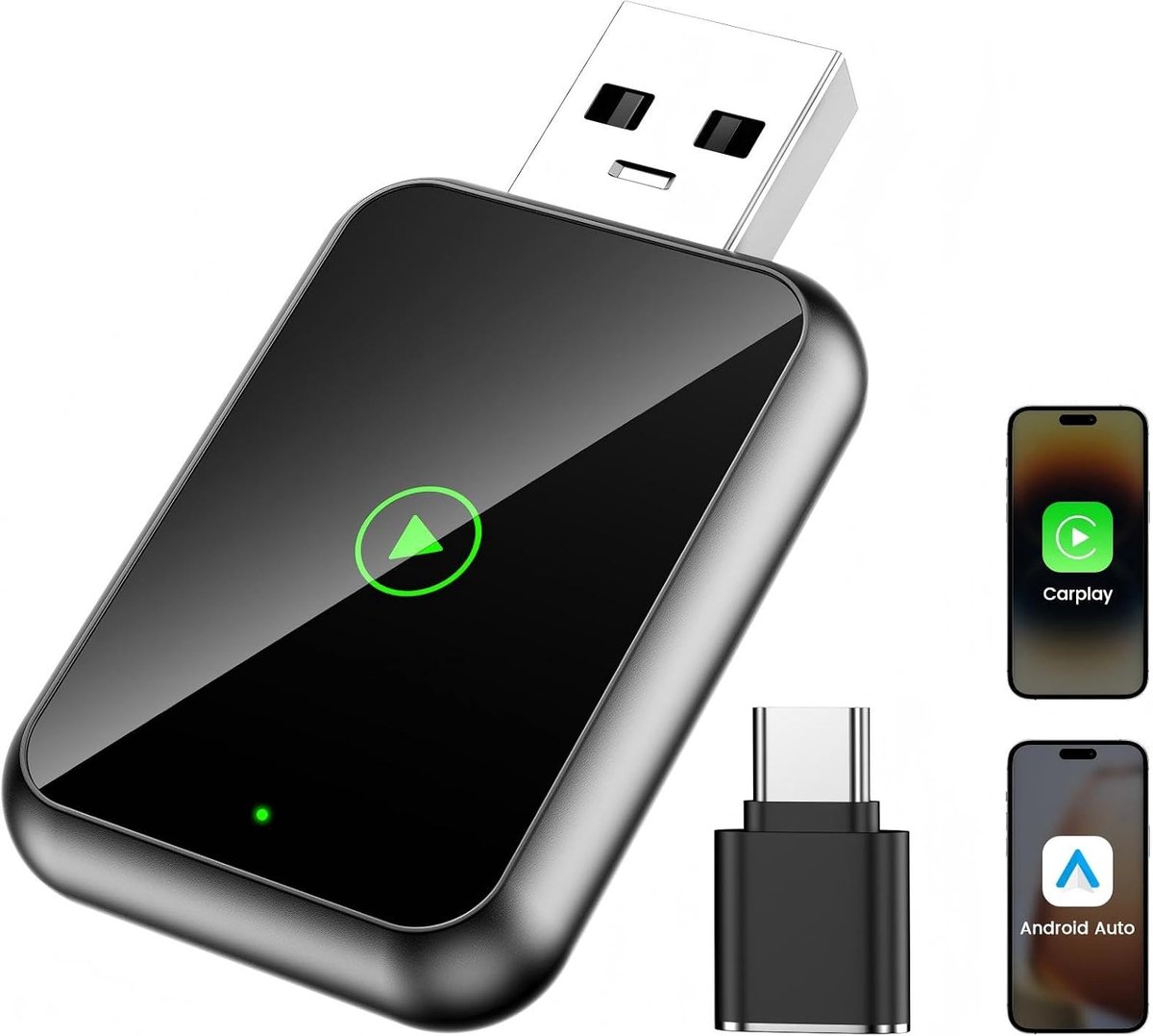 SnelShoppen - 2026 Mini 2-in-1 CarPlay en Android Auto Wireless Adapter, Plug & Play, USB A/C, Snelle en Stabiliteit Verbinding, Compatibel met iOS 10