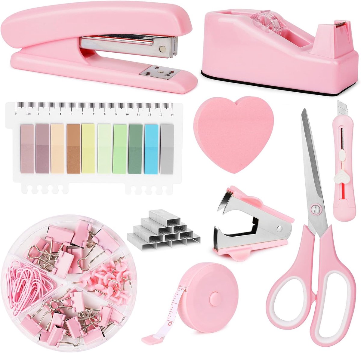 SnelShoppen - Desk Item Set 10-delig - Bureau Accessoires - Inclusief Nietmachine, Roller, Schaar, Universele Mesclip, Notitieblok, Sticky Notes, Roze