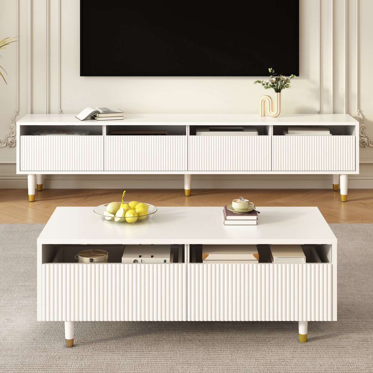 Wishdor - Tv-meubel set - 4-deurs opbergkast met 2-lade salontafel - modern design voor woonkamer - houtlook en acryl - wit met goud - 178 x 35 x 45 cm