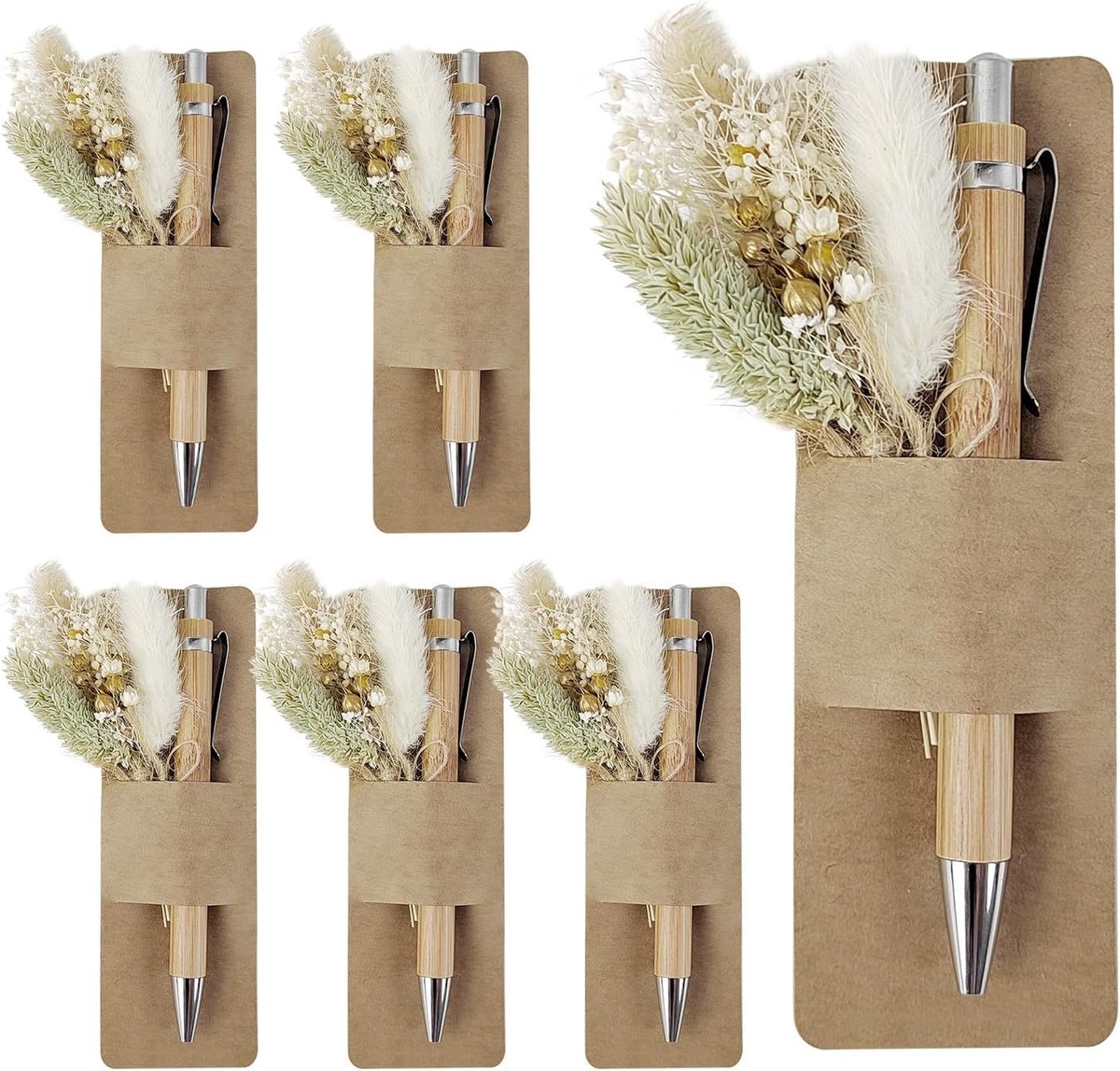 SnelShoppen - 6 Sets Bedank Geschenken voor Leraren met Harten - Inclusief 6 Houten Balpennen, 6 Echte Gedroogde Bloemen, 6 Papier Penhouders - Perfec