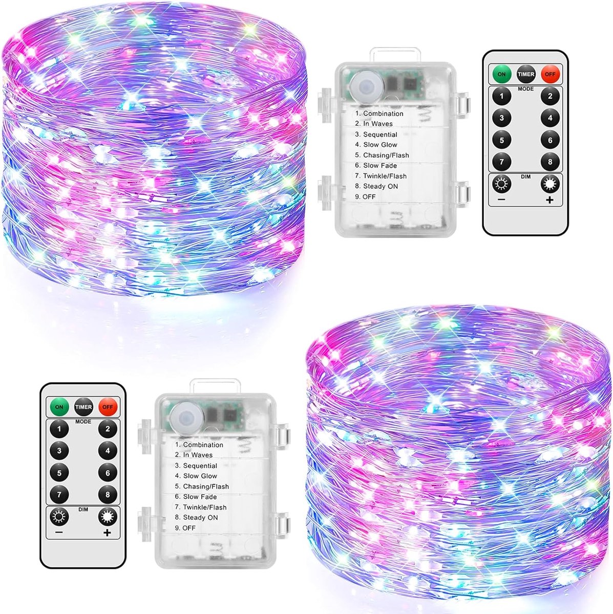 Thijox - Lichtsnoer Binnen en Buiten 2 stuks 10m 100 LEDs Warmwit Draad met Batterij Afstandsbediening 8 Programma's Waterdicht voor Feest Kerst Hallo