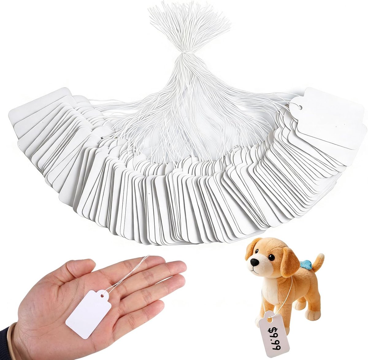 SnelShoppen - 500 Stuks Mini Prijstags met Elastisch Koord 25 x 45mm, Kleine Prijslabels, Hangtags voor Vlooienmarkt, Sieraden, Cadeaus, Wit