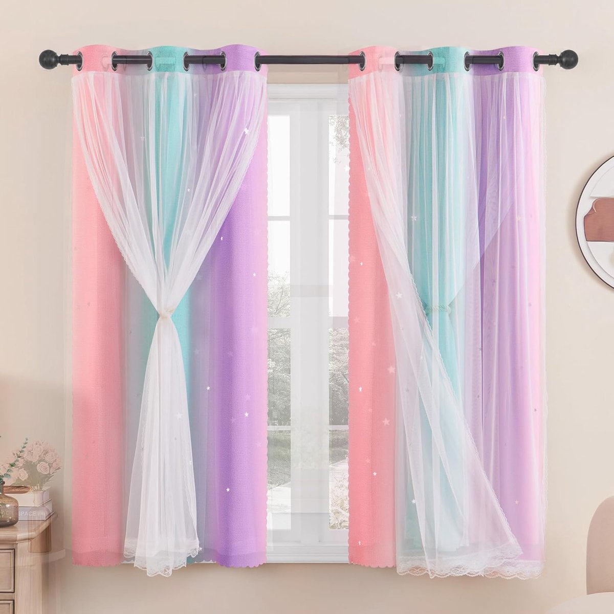 SnelShoppen - Zwarte Blackout Gordijnen voor Slaapkamer, Kinderkamer Meisjes, Woonkamer, Rainbow Gordijnen met Sterren, Tulle en Lussen, 2 Panelen, 86