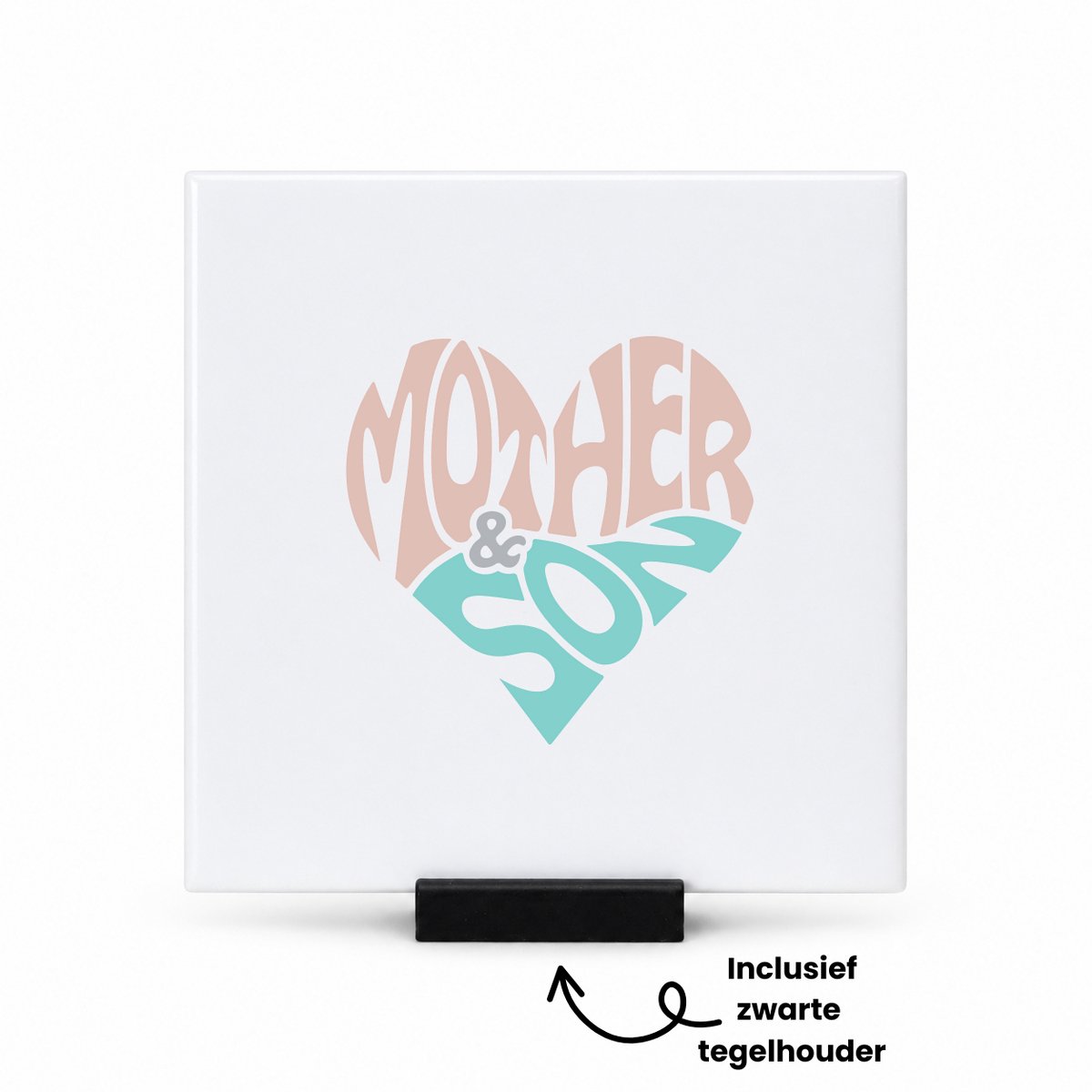 Hacebo Mother & Son in retro hartvorm tegeltje met tegelhouder - Liefste mama - Mama - tegeltjes met tekst - moederdag cadeautje - Cadeau voor mama - Verjaardag - Geschenk - Cadeau - Gift - spreuktegels - 10.8x10.8 CM Wit
