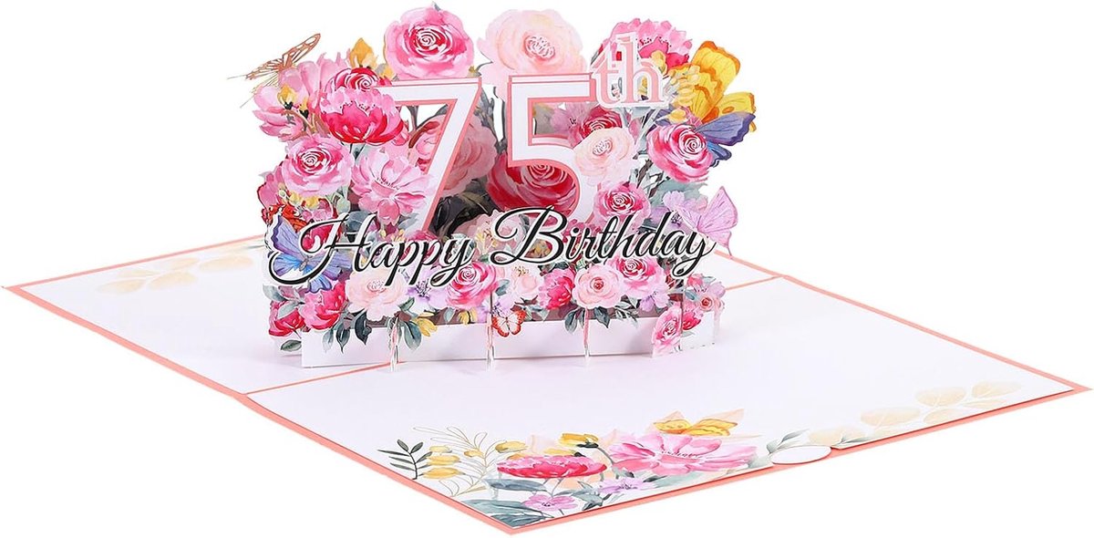 SnelShoppen - 3D Verjaardagskaart voor 75ste Verjaardag - Pop Up Kaart met Bloemen en Vlinders - Grappige Verjaardagsgroet - Inclusief Envelop en Groe