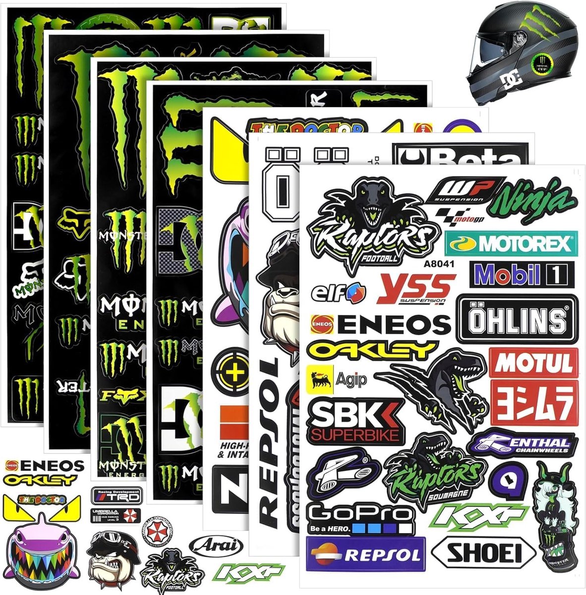 SnelShoppen - 8 Stuks Motorfiets Stickers, Sponsor Stickers, Weerbestendig Vinyl, Hoogwaardige PVC Stickers voor Motorfietsen, Fietsen, Helmen, Skateb