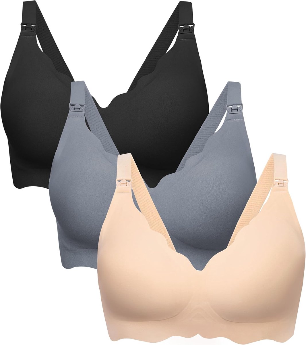 SnelShoppen - 3 Stuks Naadloze Borstvoedingsbh's voor Vrouwen - Comfortabele Ondersteuning - Zacht Materiaal - Ideaal voor Moeders - Zwart, Grijs, Bei