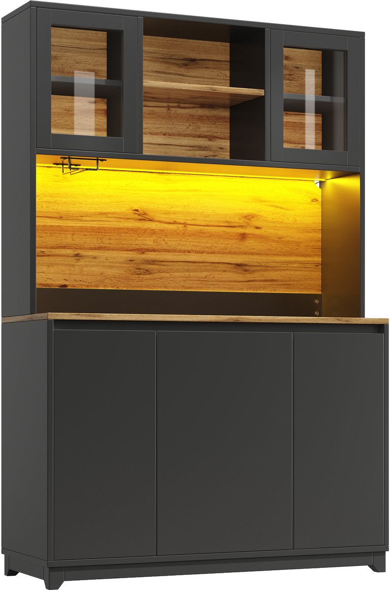 Wishdor - Keukenkast - Hoge opbergkast met LED en acryldeuren - Greeploos sideboard - Voor keuken en woonkamer - Houtlook en metaal - Zwart - 120 x 40 x 180 cm