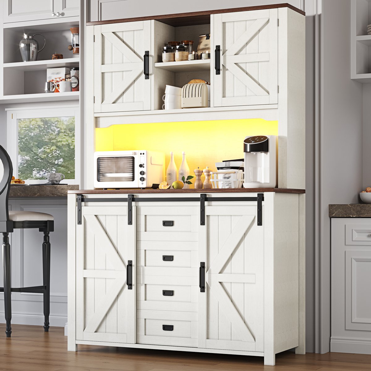 Wishdor - Keukenkast - LED-verlichting - Schuifdeuren en lades - Retro - Voor keuken en eetkamer - Bewerkt hout en metaal - Wit - 115 x 40 x 174,7 cm