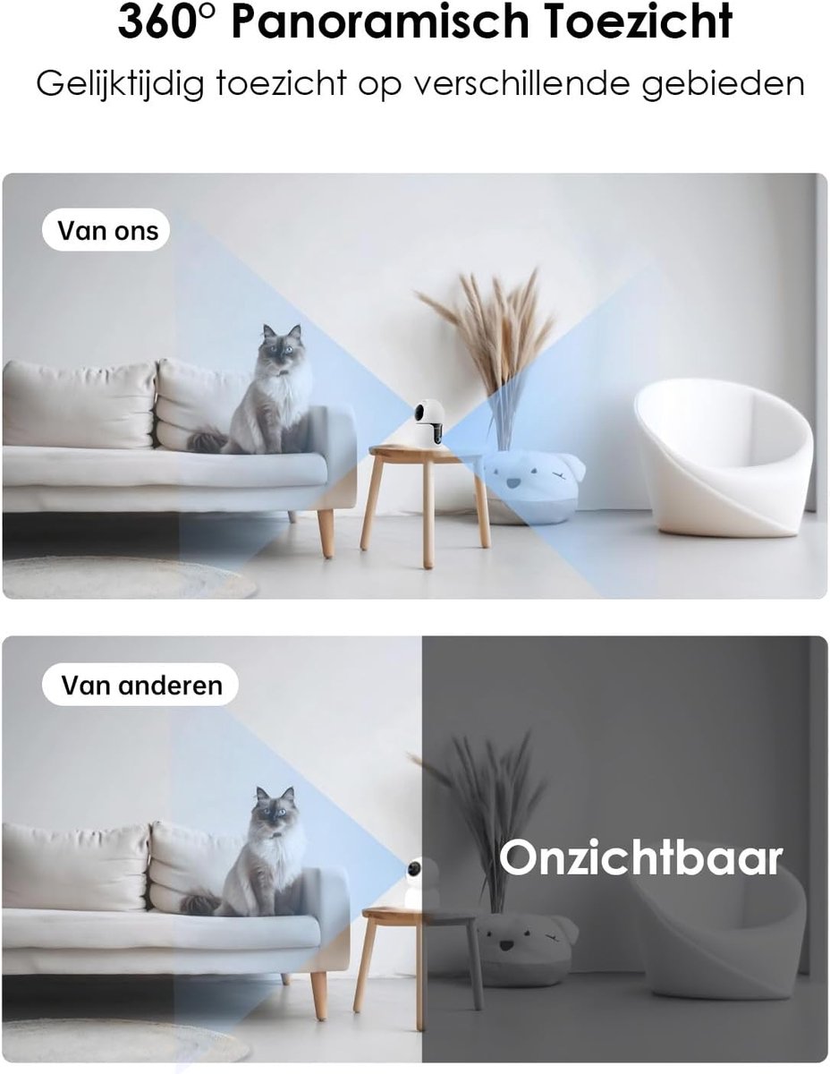 SnelShoppen - Indoor Beveiligingscamera 2K met 360° Bekijkhoek, Nachtzicht, 2.4&5GHz WLAN, Dieren Bewakingscamera met App, Voor Huis, Kantoor en Kinde