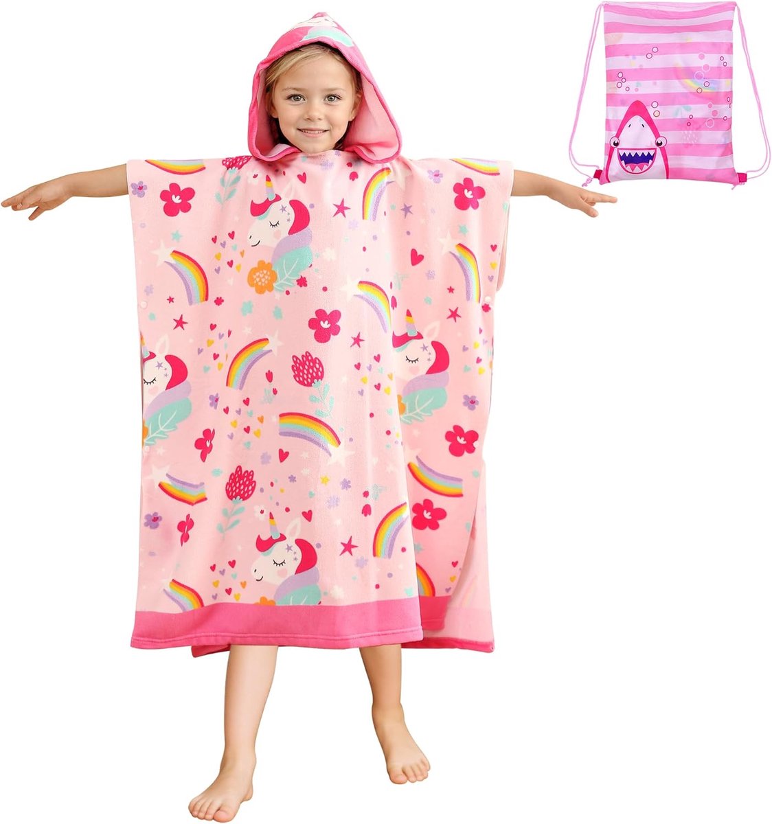 SnelShoppen - Bath Poncho Kinderen Microvezel Badhanddoek met Kap - Grote Poncho Roze Eenhoorn 75x180cm - Absorberende Badhanddoek voor Meisjes en Jon