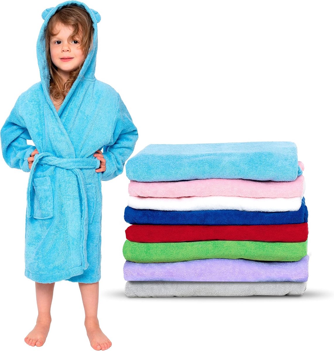 SnelShoppen - Kinderen Badjas met Kap en Oren - Zachte en Fluffy Microvezel - 100% Polyester - OEKO-TEX Gecertificeerd - 6 Maten - 5 Kleuren - Perfect