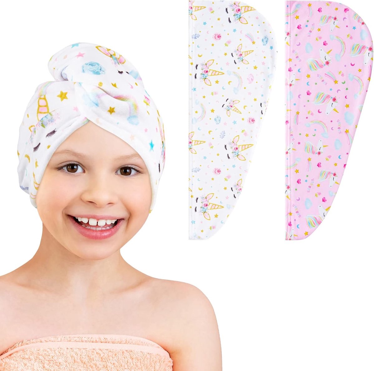 SnelShoppen - Microfiber Haar Turban voor Meisjes, 2 Stuks, Sneldrogende Fleece Haarhanddoek, Zachte Haar Towel, Turban voor Lang en Kort Haar, Kleurr