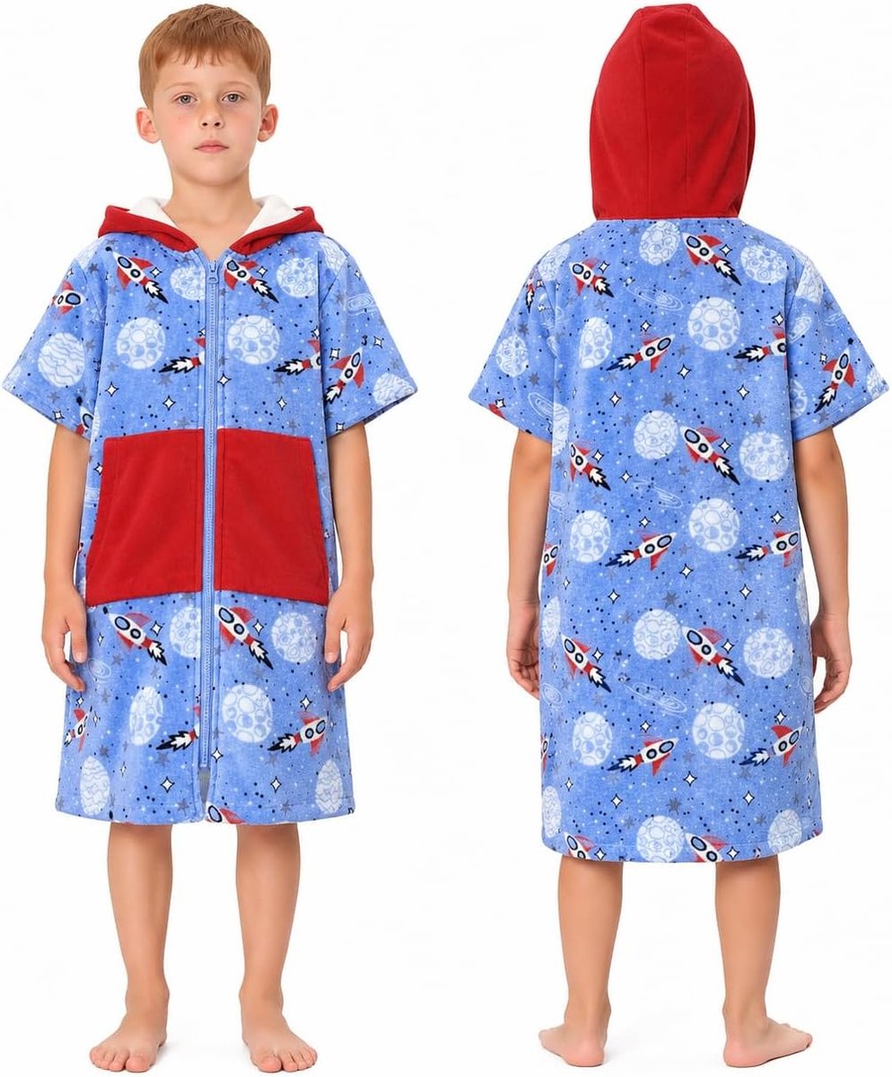 SnelShoppen - MOEMOE BABY Badponcho voor Kinderen, Capuchon, 100% Katoen, Badjas voor Jongens en Meisjes, 5-14 Jaar, Kleurrijk Haaienmotief, Voor Thui