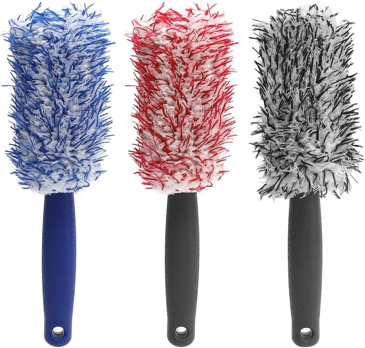 SnelShoppen - Pack van 3 Velgenborstels, Premium Microvezel Velgenborstel, Dunne Velgenborstel, Voor Auto en Motor, 30x8 cm, Rood, Blauw en Zwart