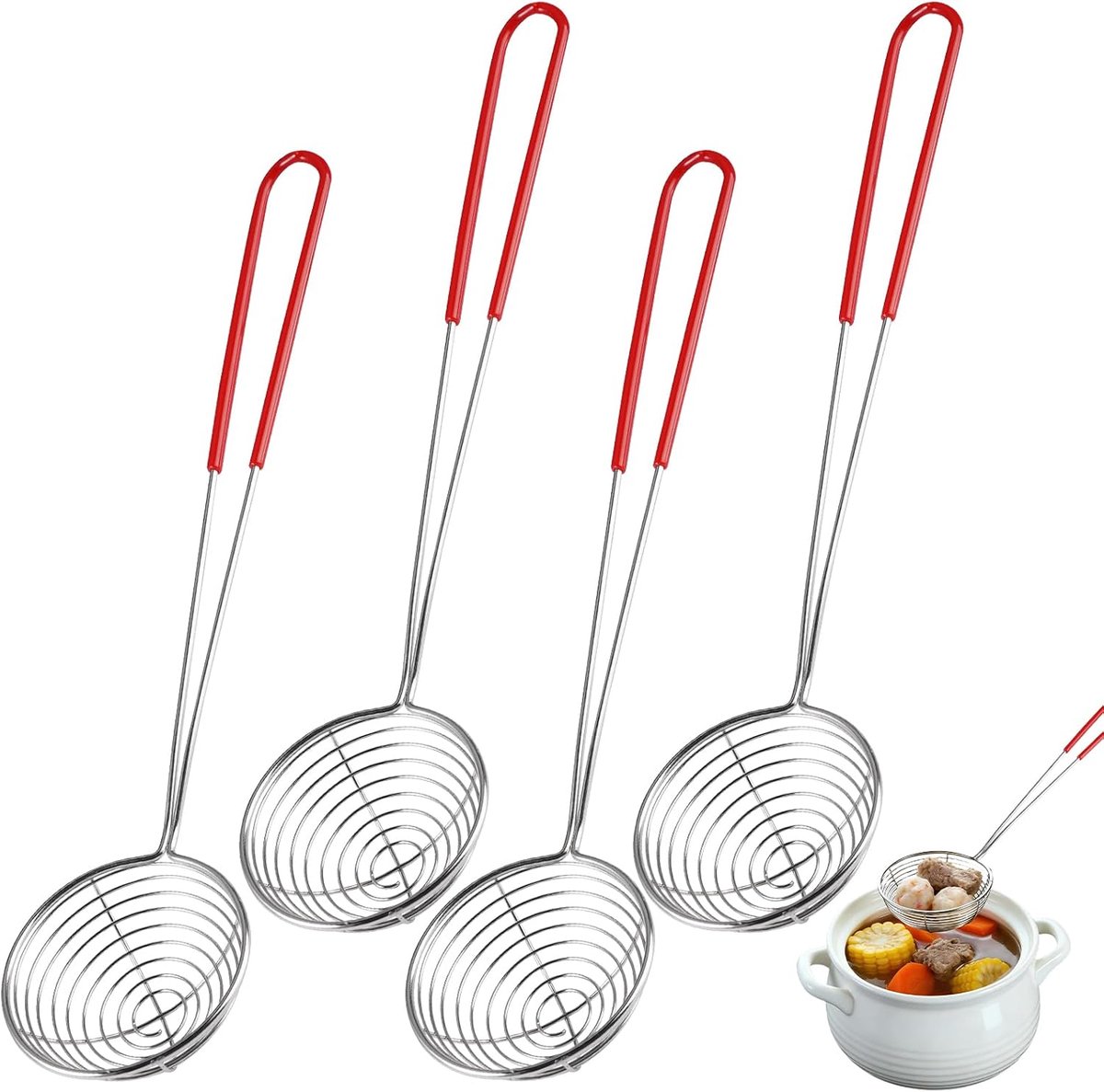 Bondoo Fondue netjes 4 stuks - Hotpot - Schuimspaan - Chinese fondue - Hotpot zeef - Chinees fondue zeefjes - Fonduezeefjes - Hotpot lepel Roestvrij staal - met handgreep - Ø6,5cm - Rood
