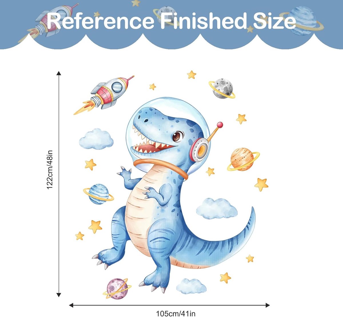 SnelShoppen - Grote blauwe dinosaurussen wandstickers voor kinderkamer - Ruimte dino astronaut muurstickers - Peel en stick raketten, planeten en wolk
