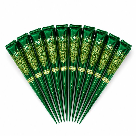 Twaalf groene henna cones van Happy Nutrition, gerangschikt in een waaier.